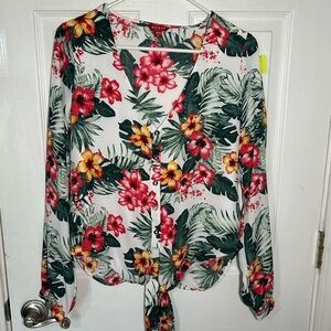 GUESS Size Medium Hawaiian Tie Front Blouse V-neck long Sleeve Button-Up Floral
